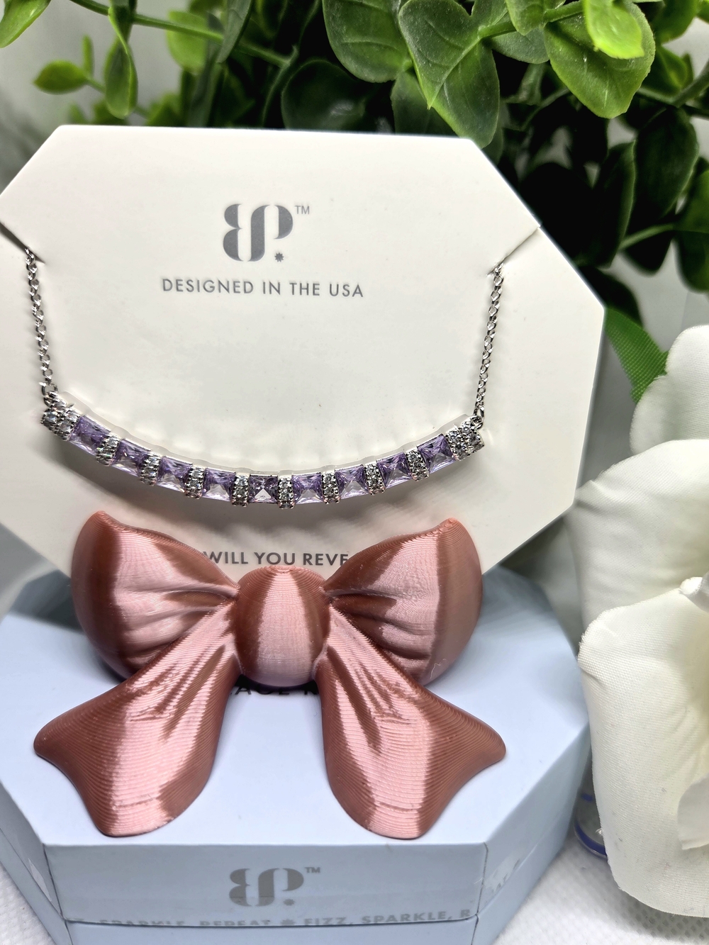BP BarNecklace with Lavender Topaz CZ On Rhodium Plating